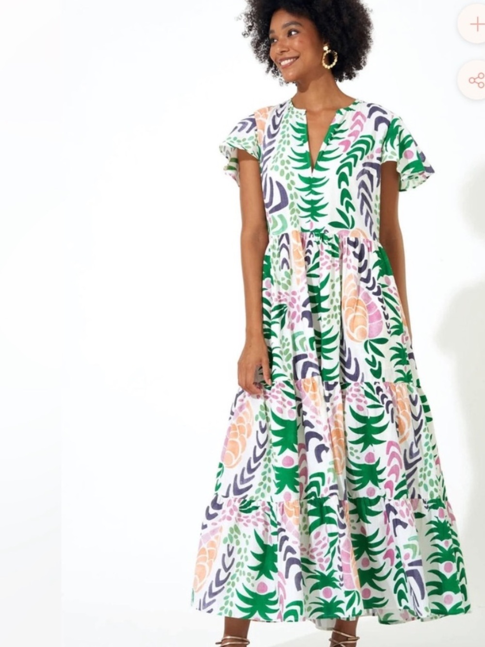 Oliphant Cream Floral & Leaf Print Tiered Maxi Dress Medium
